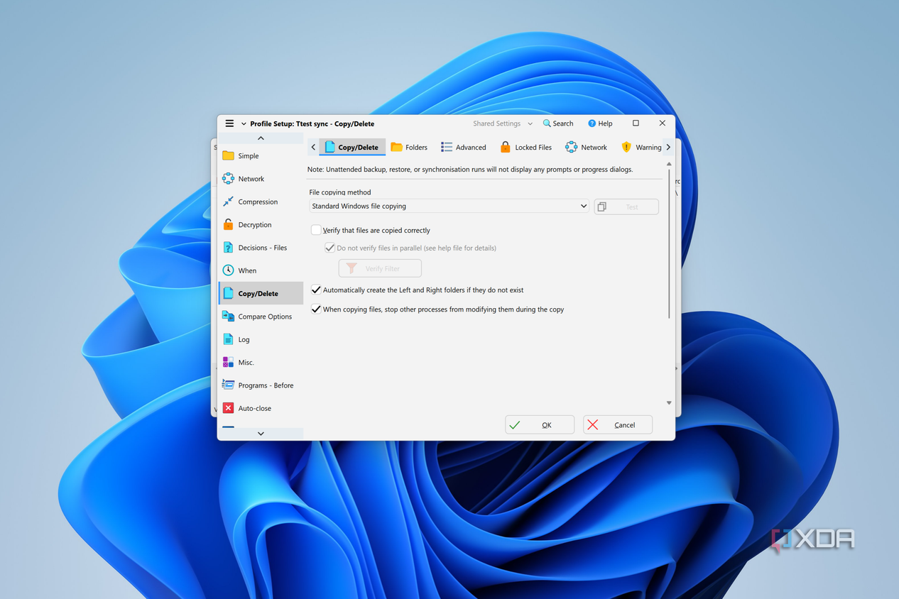Screenshot of settings for copy and delete operations performed by SyncBack