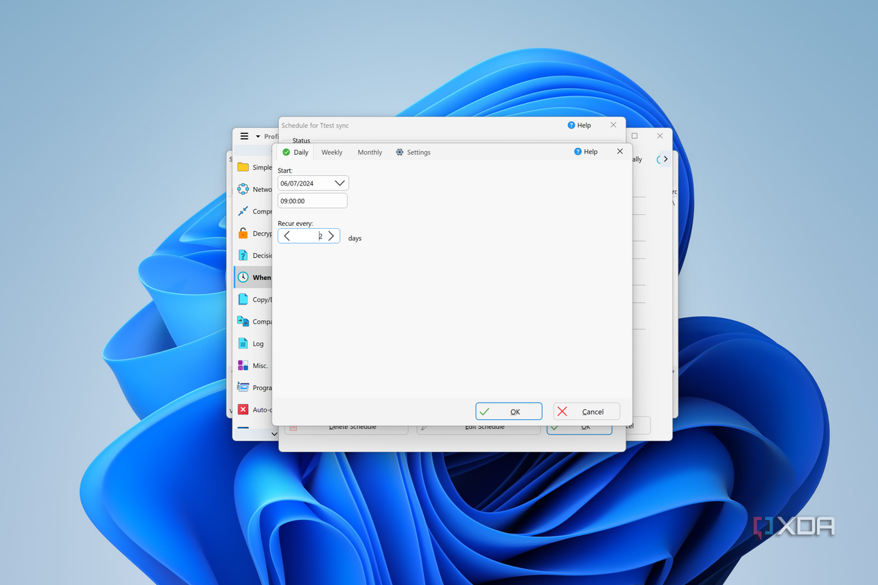 Screenshot of schedule settings for a backup profile in SyncBack