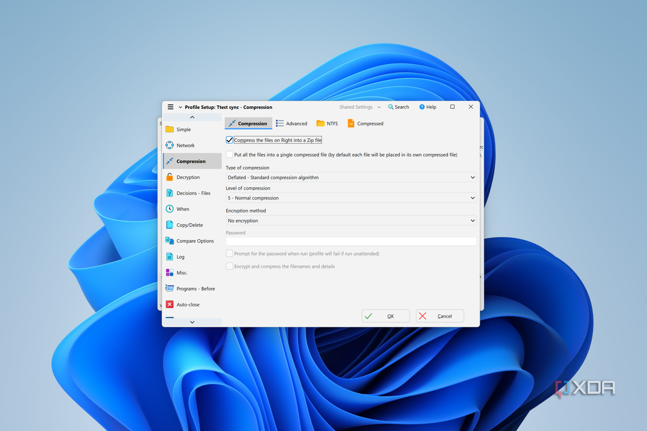 Screenshot of compression settings in SyncBack