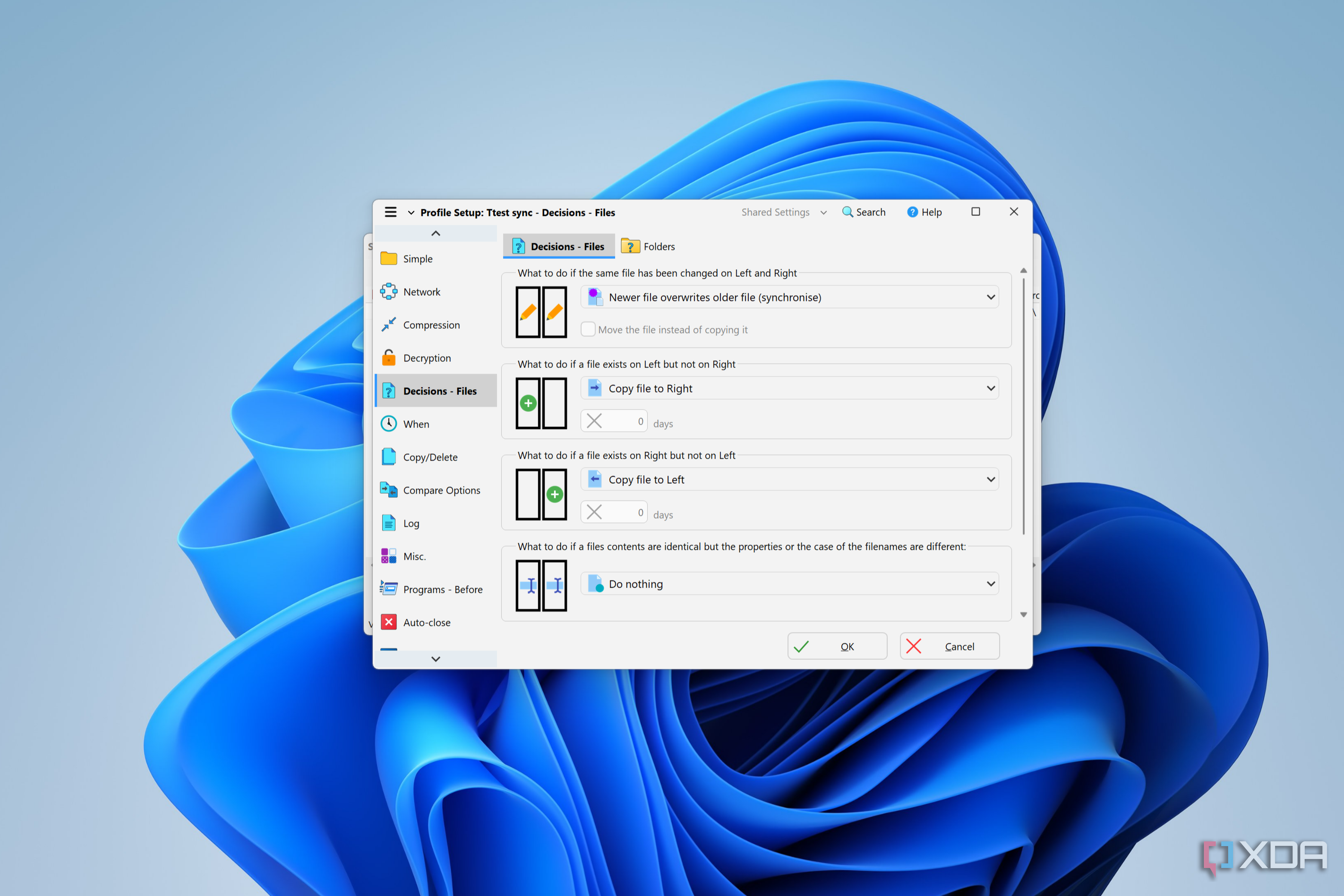 Screenshot of SyncBack profile settings showing options for how to handle files during a backup
