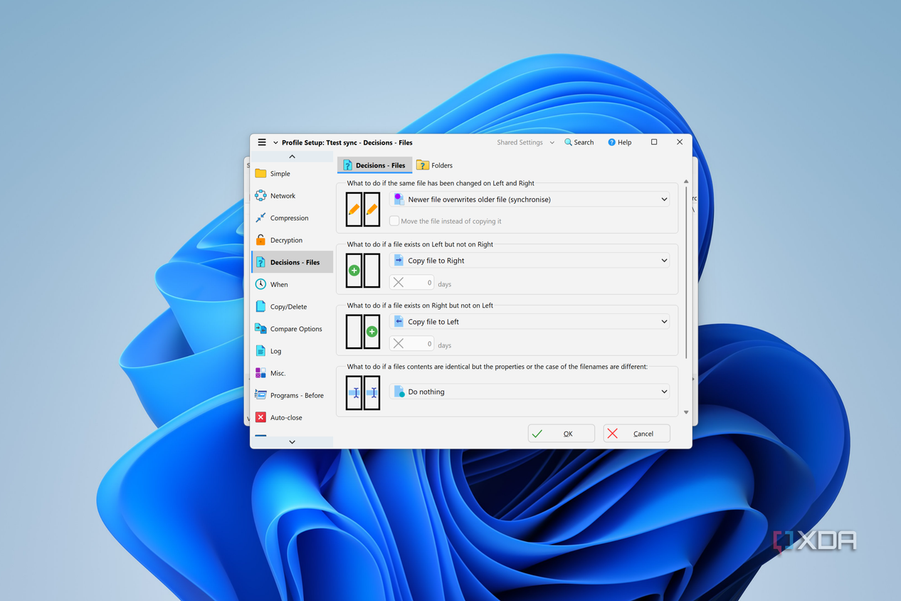 Screenshot of SyncBack profile settings showing options for how to handle files during a backup