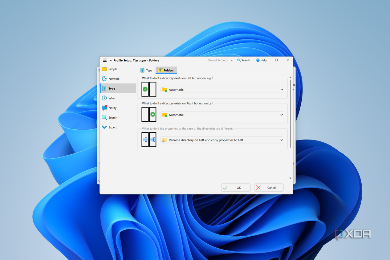 Screenshot of SyncBack profile settings showing options for how to handle folders during a backup