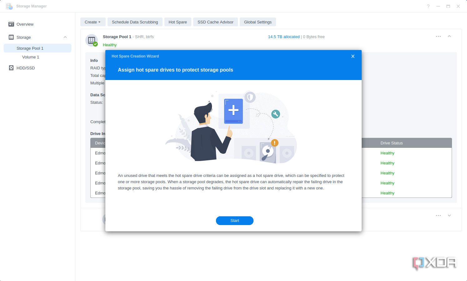 Synology DSM 7.1 Storage Manager adding spare drive