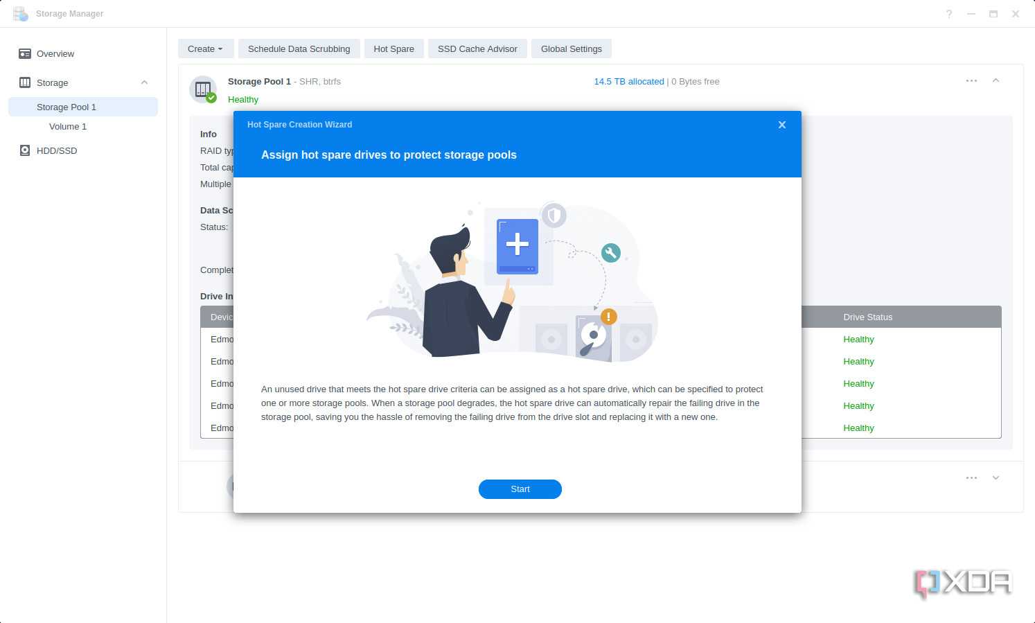 Synology DSM 7.1 Storage Manager adding spare drive