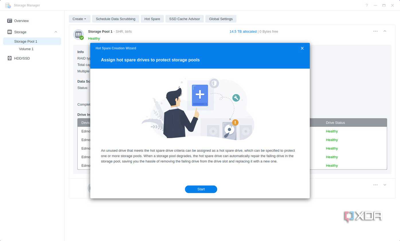 Synology DSM 7.1 Storage Manager adding spare drive