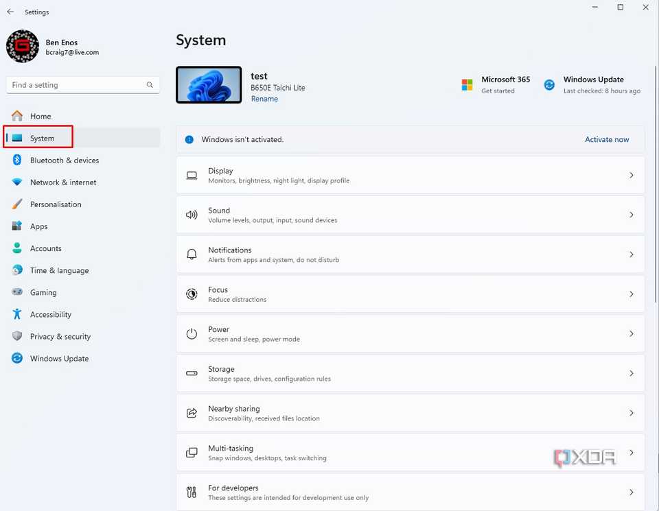 image of Windows system menu in settings