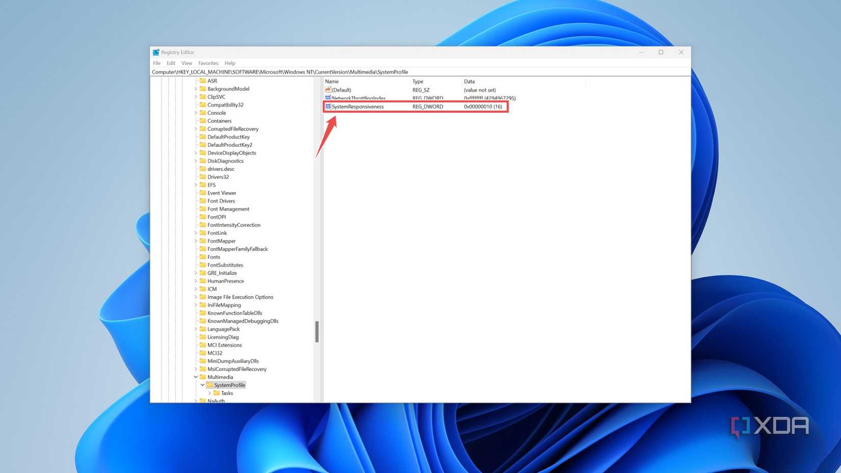 The SystemResponsiveness variable in the Registry Editor