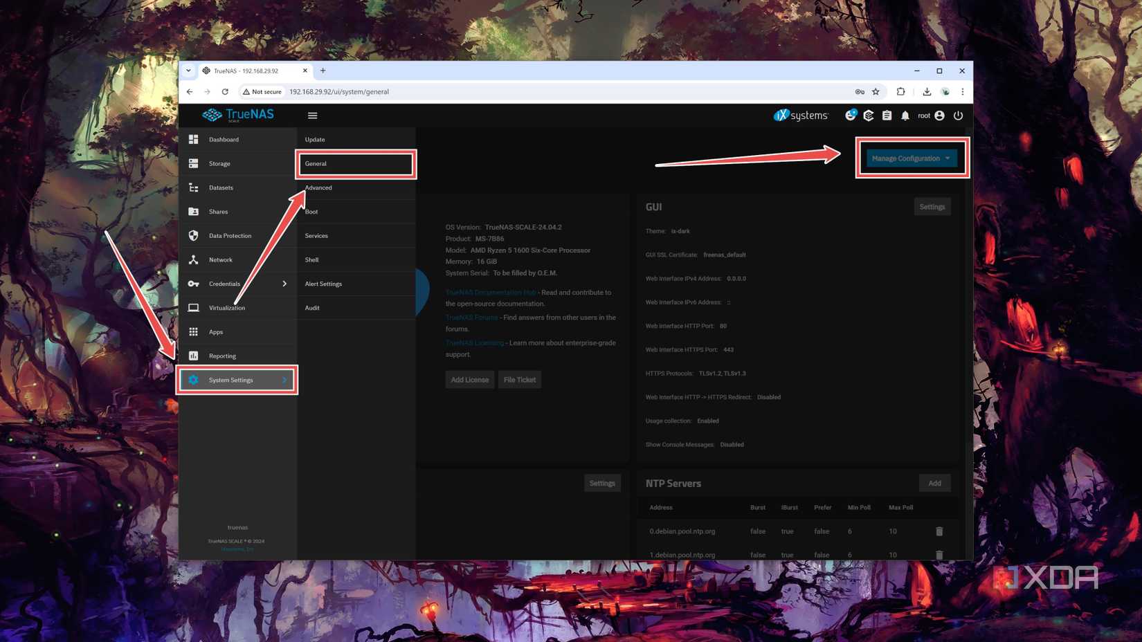 Selecting the Manage Configuration option in TrueNAS Scale