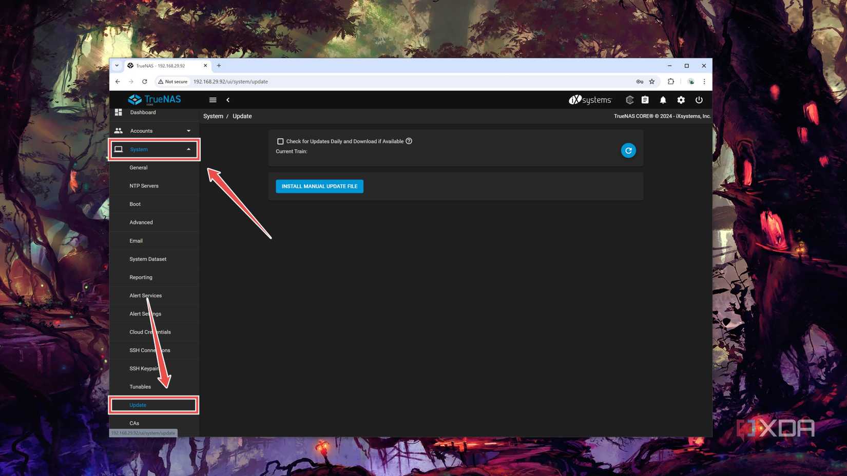 Entering the Update tab in TrueNAS Core