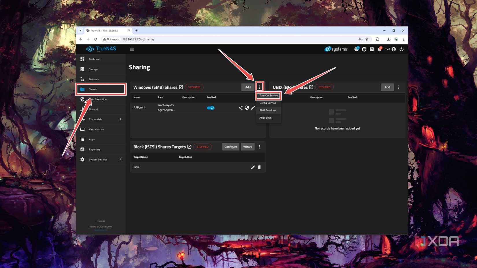 The TrueNAS Scale Shares section with the SMB Shares enabled