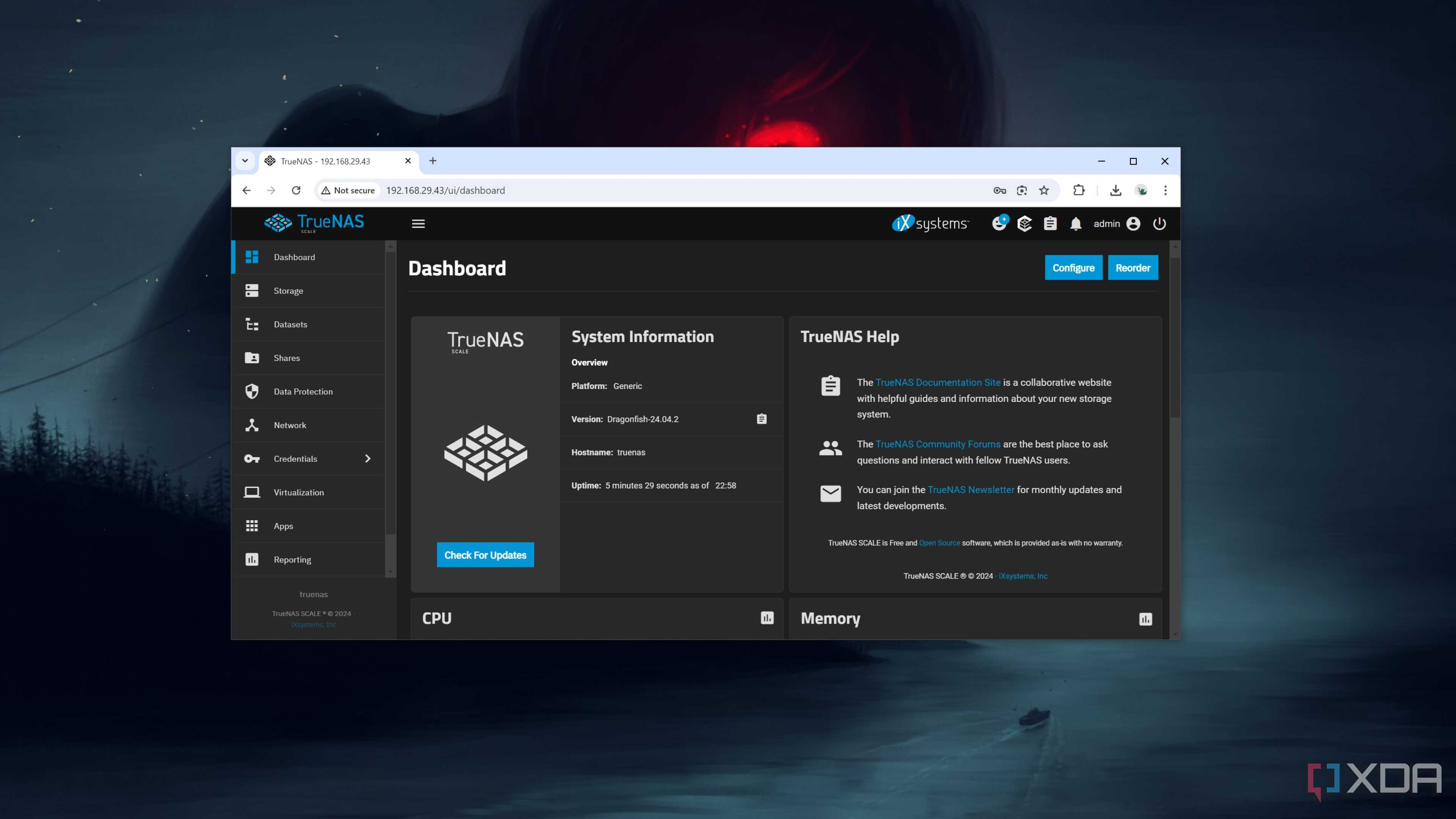The main TrueNAS Scale Dashboard