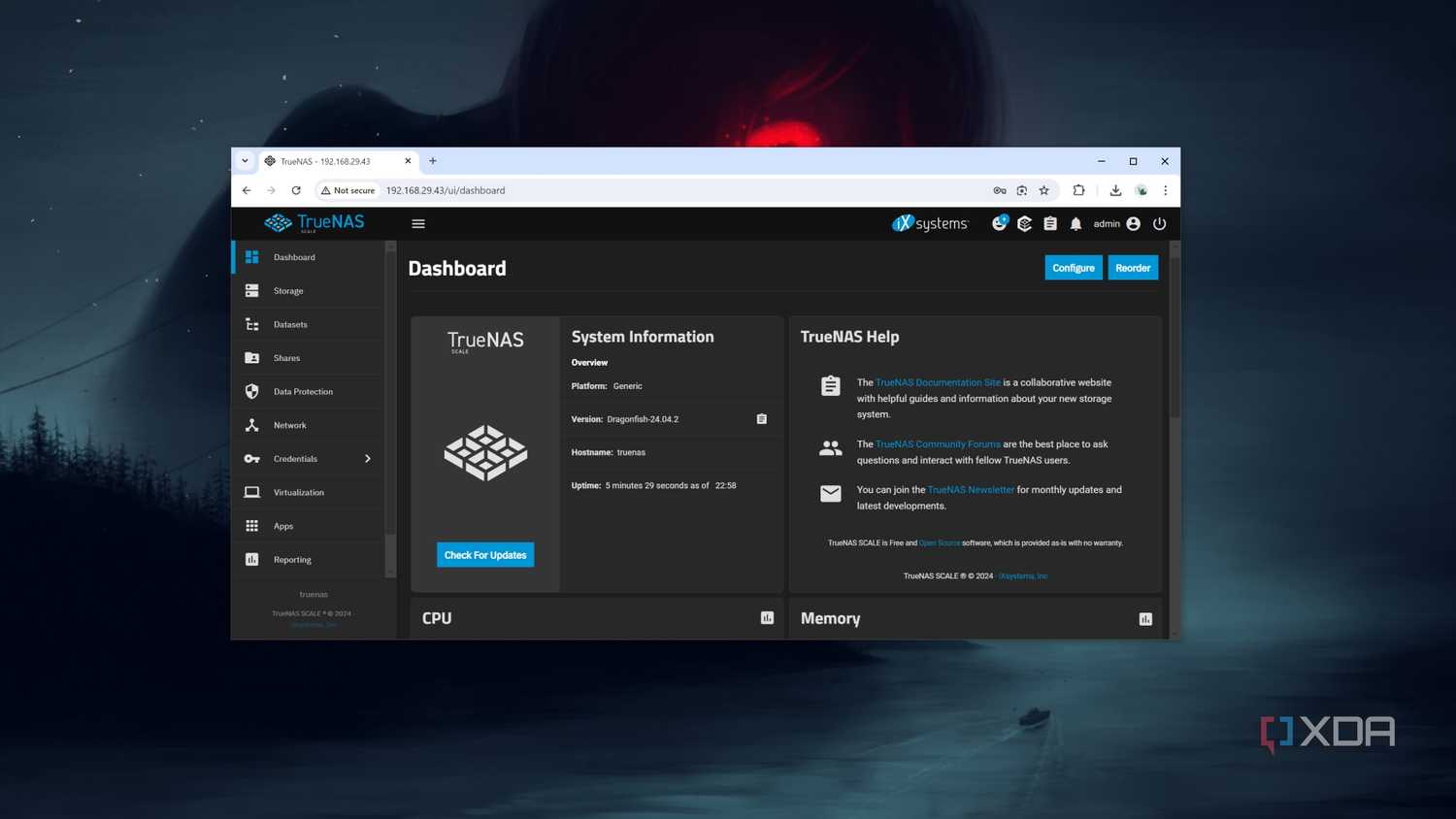 The main TrueNAS Scale Dashboard