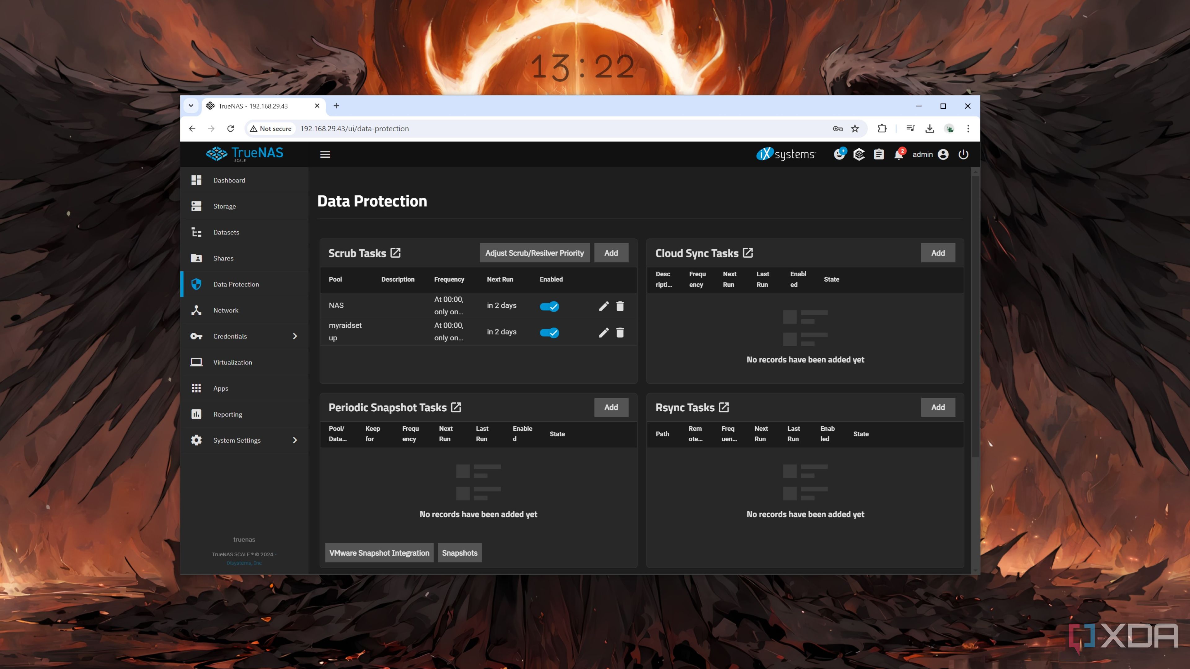 TrueNAS Scale with the Data Protection tab open