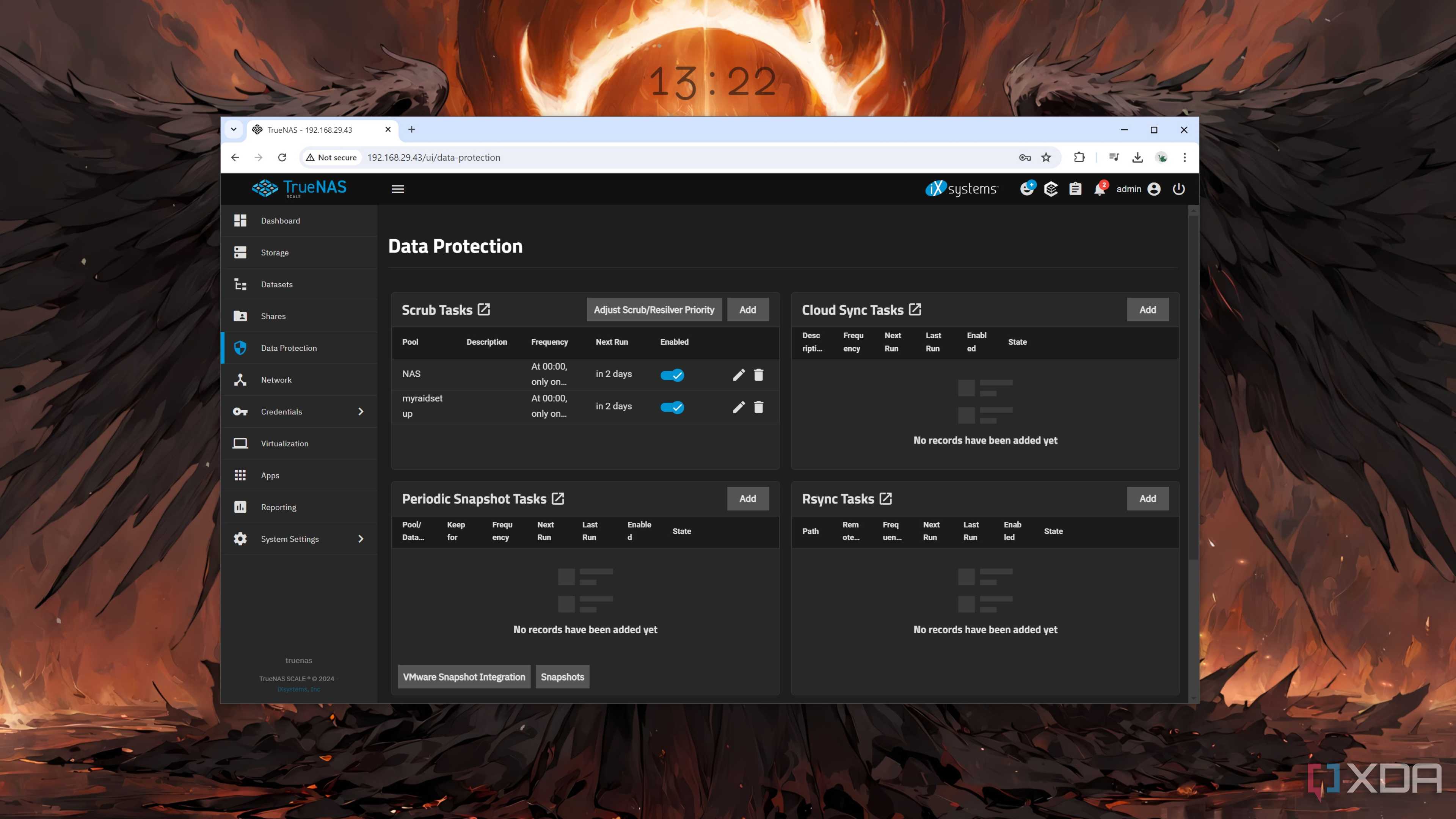 TrueNAS Scale with the Data Protection tab open