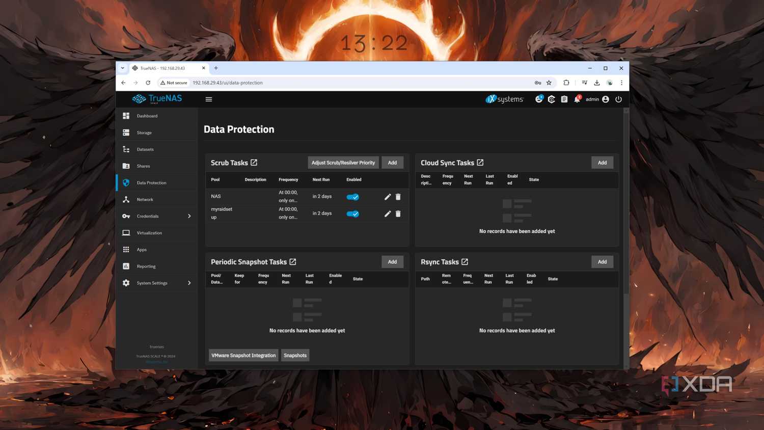 TrueNAS Scale with the Data Protection tab open