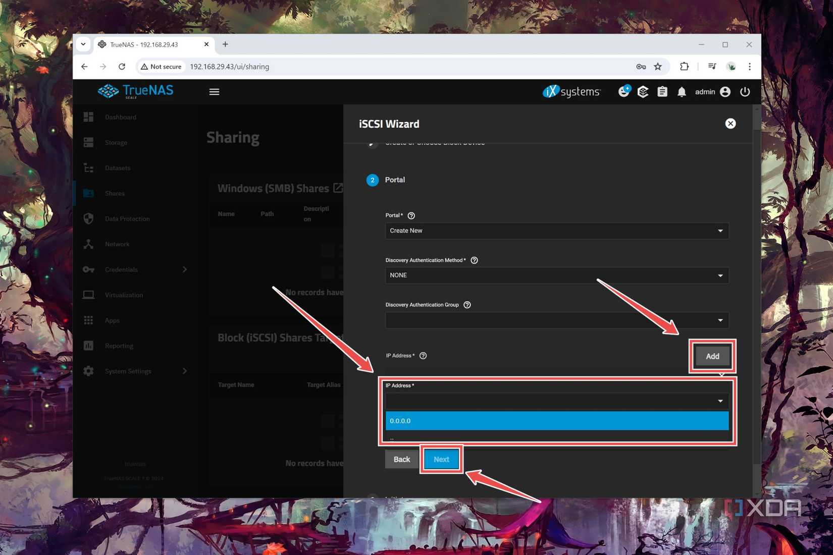 The procedure to set the IP Address for the portal for an iSCSI Share in TrueNAS Scale