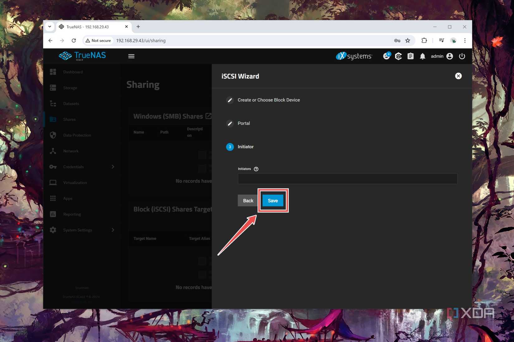 The procedure to save the iSCSI Share settings in TrueNAS Scale