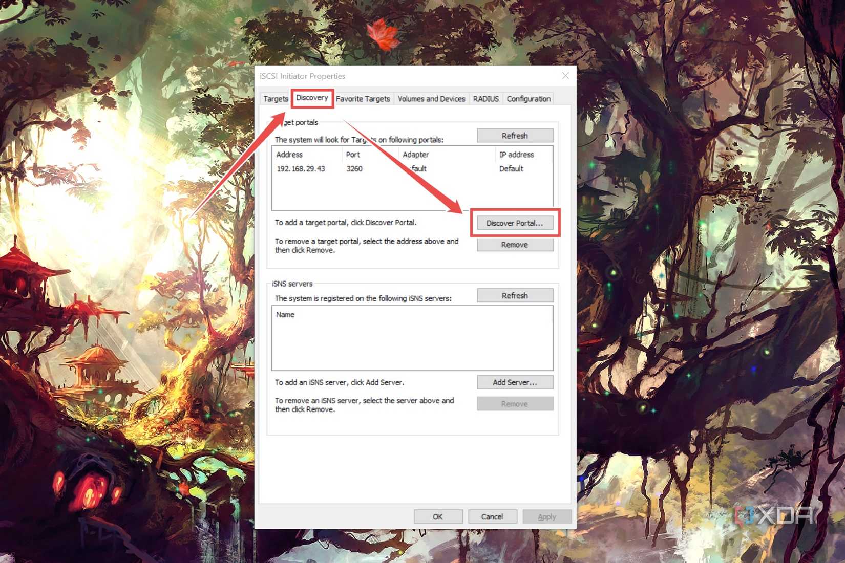 The procedure to Discover a Portal in the iSCSI Initiator Properties tool on Windows
