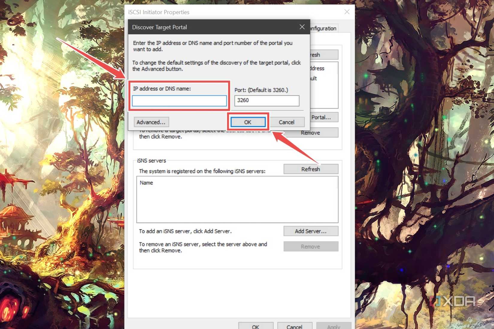 The procedure to add the IP address of your NAS under the iSCSI Initiator Properties tool on Windows