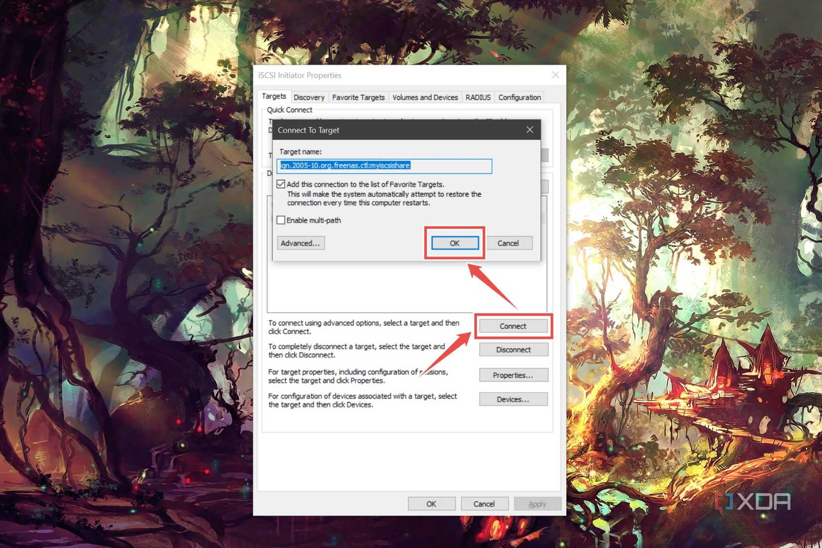 The procedure to attach an iSCSI drive using the iSCSI Initiator Properties tool on Windows