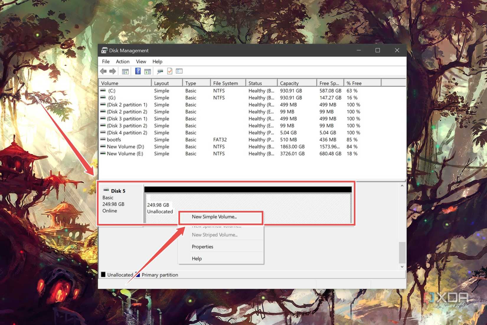 The procedure to create a new volume using the Disk Management utility on Windows