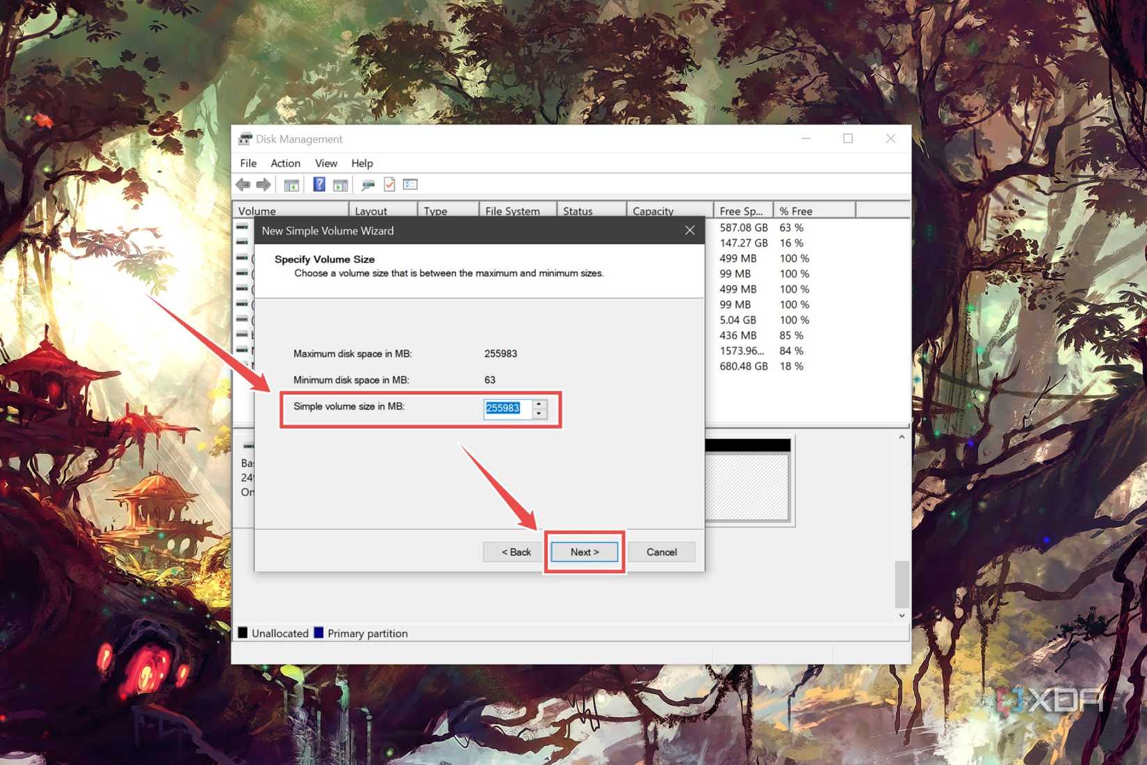The procedure to allocate storage space to a disk in the Disk Management utility on Windows
