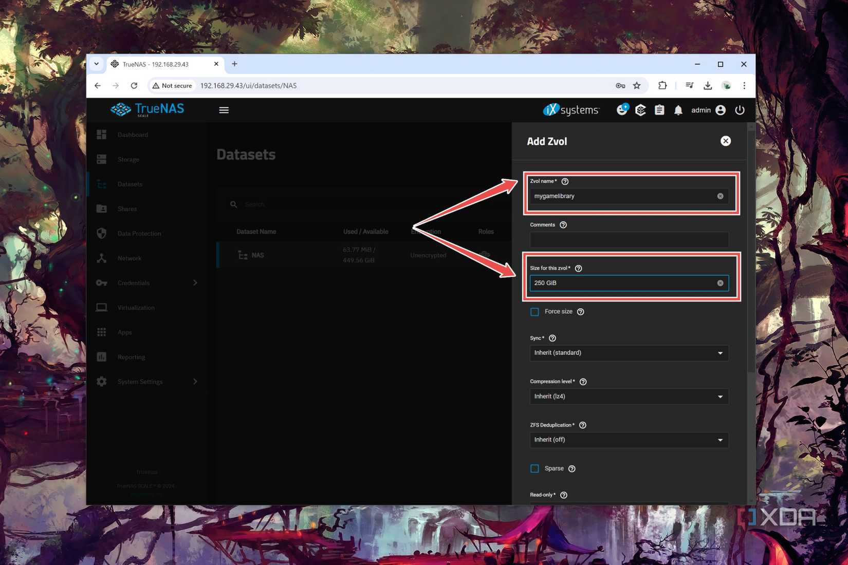 The procedure to set the Zvol name and size in TrueNAS Scale