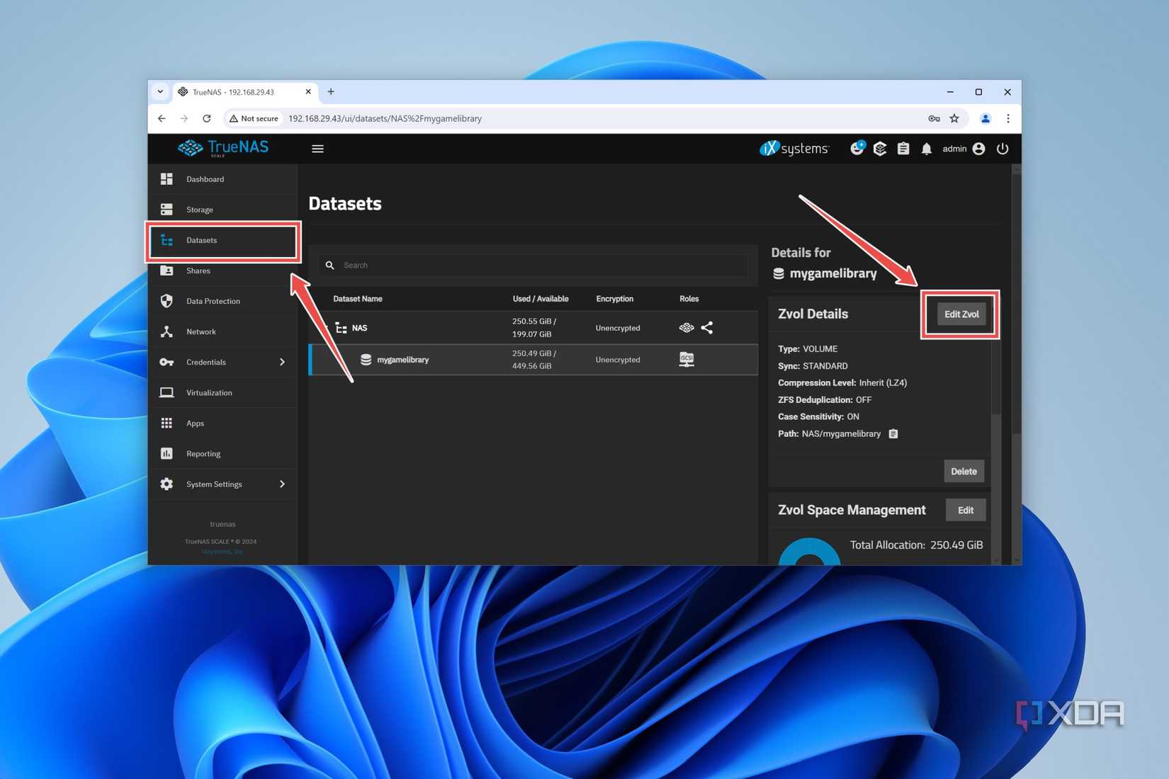 The procedure to edit the Zvol settings in TrueNAS Scale