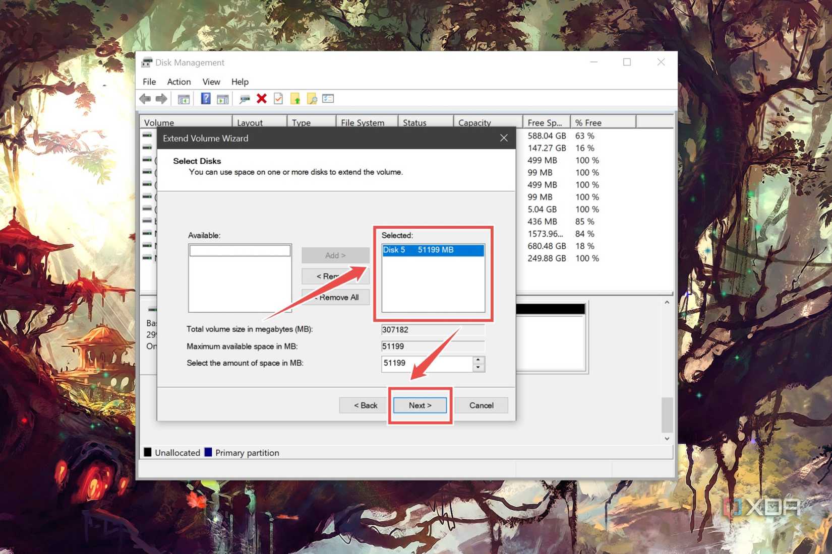 The procedure to add more space to an existing iSCSI volume using the Disk Management utility on Windows