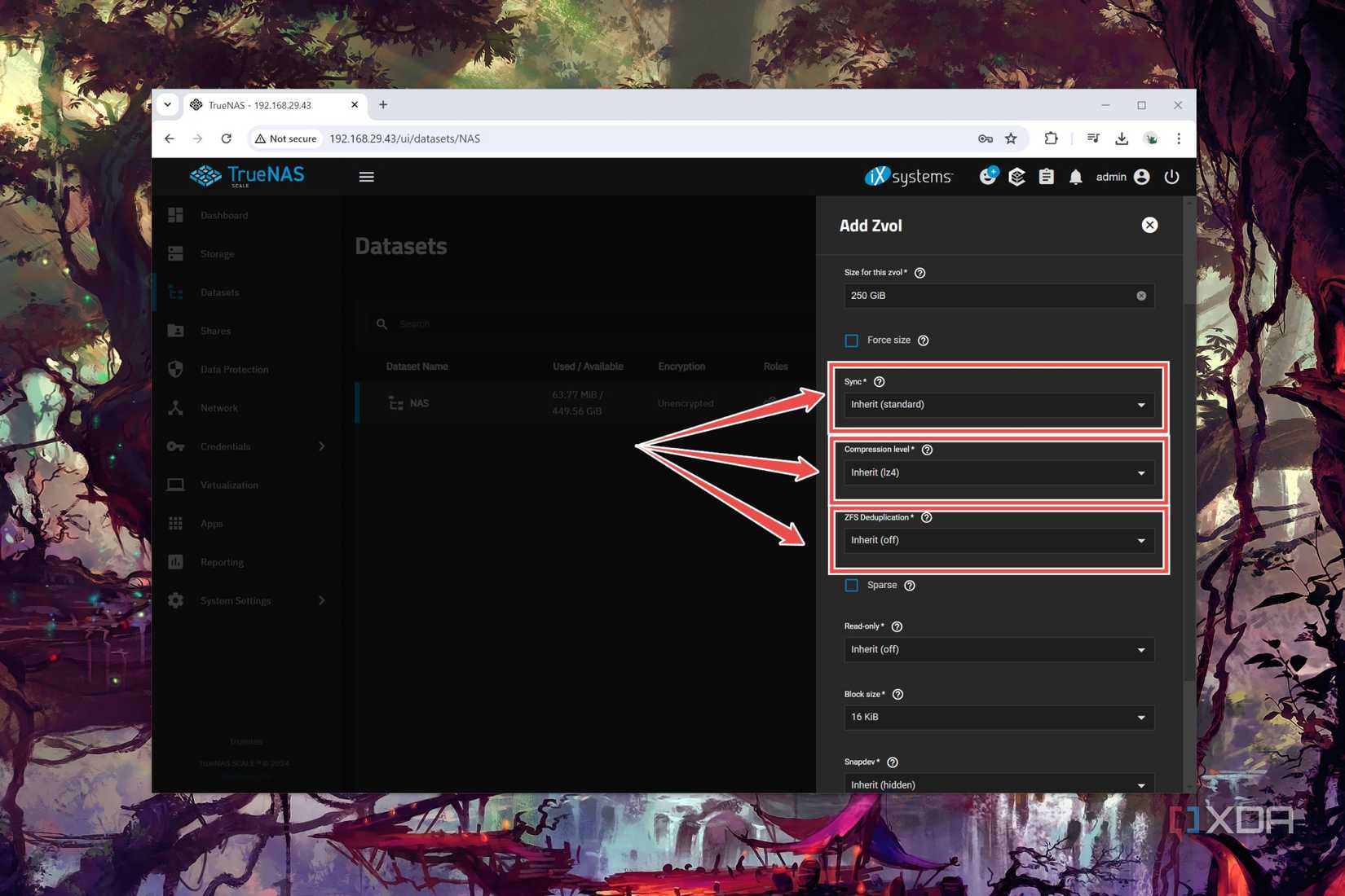 Setting the Sync, Compression, and ZFS Deduplication options in TrueNAS Scale