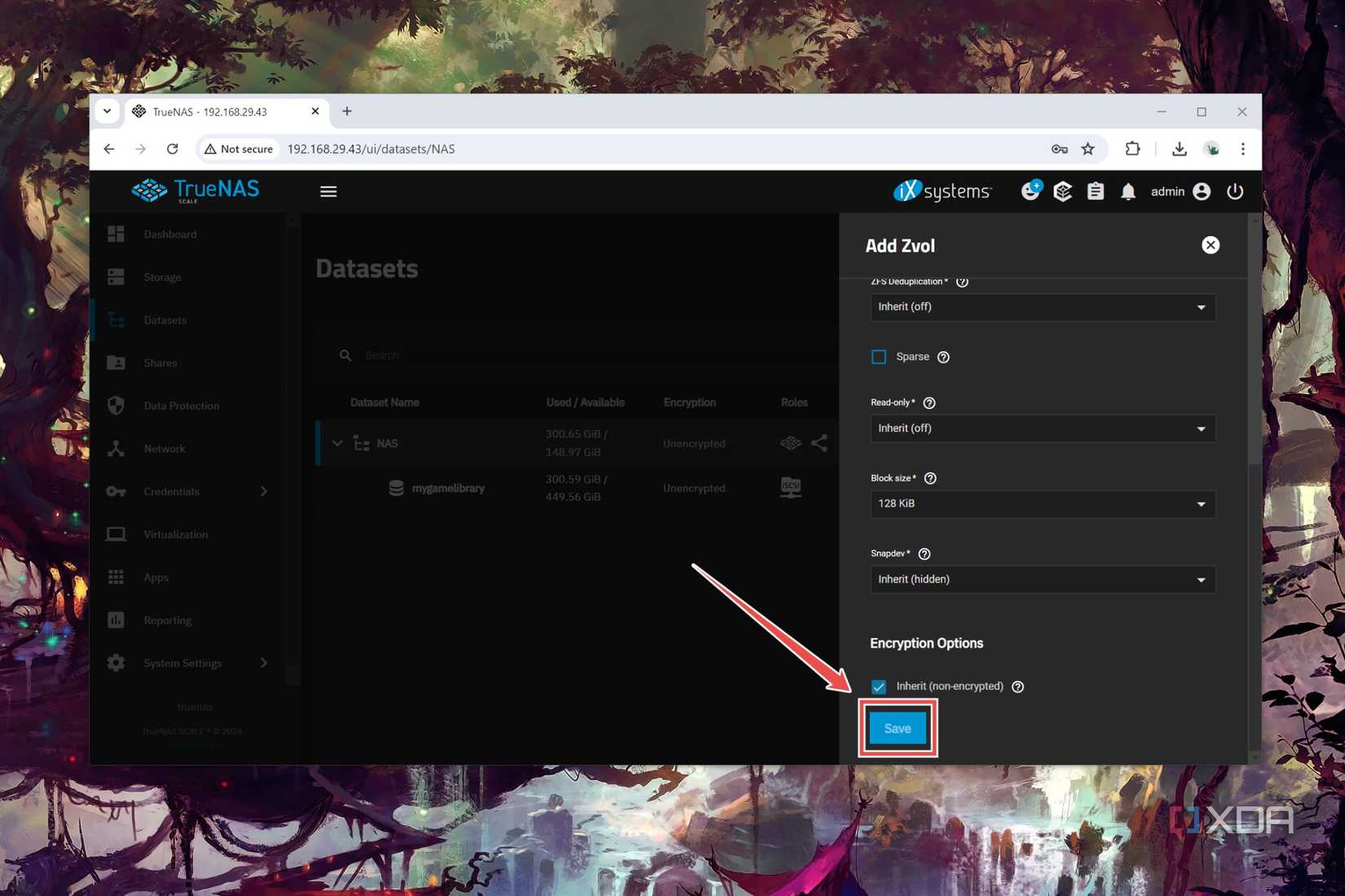 The procedure to save the Zvol settings in TrueNAS Scale