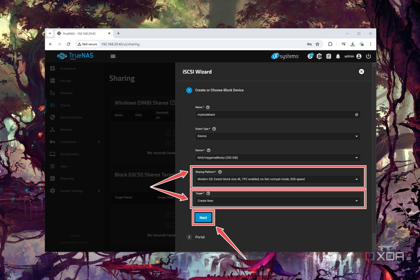 The procedure to create a new iSCSI Share in TrueNAS Scale