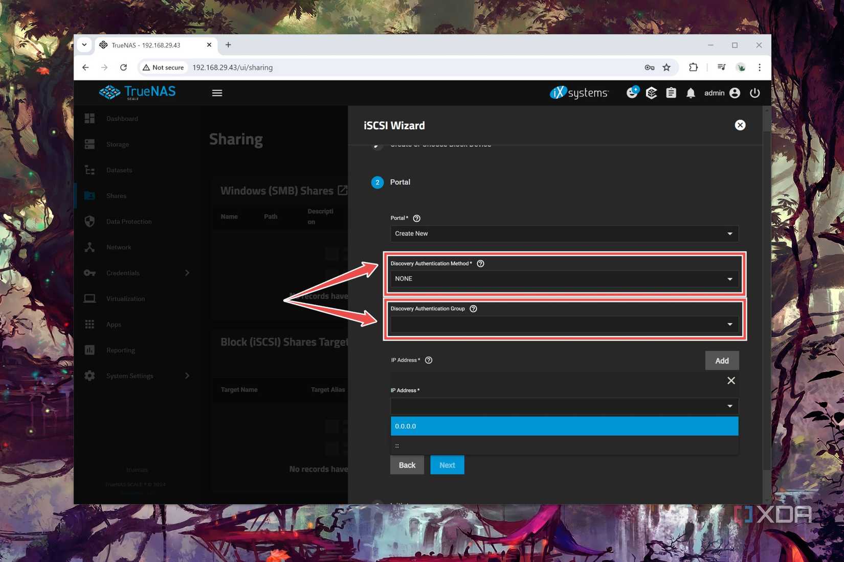 The procedure to configure the portal for an iSCSI Share in TrueNAS Scale