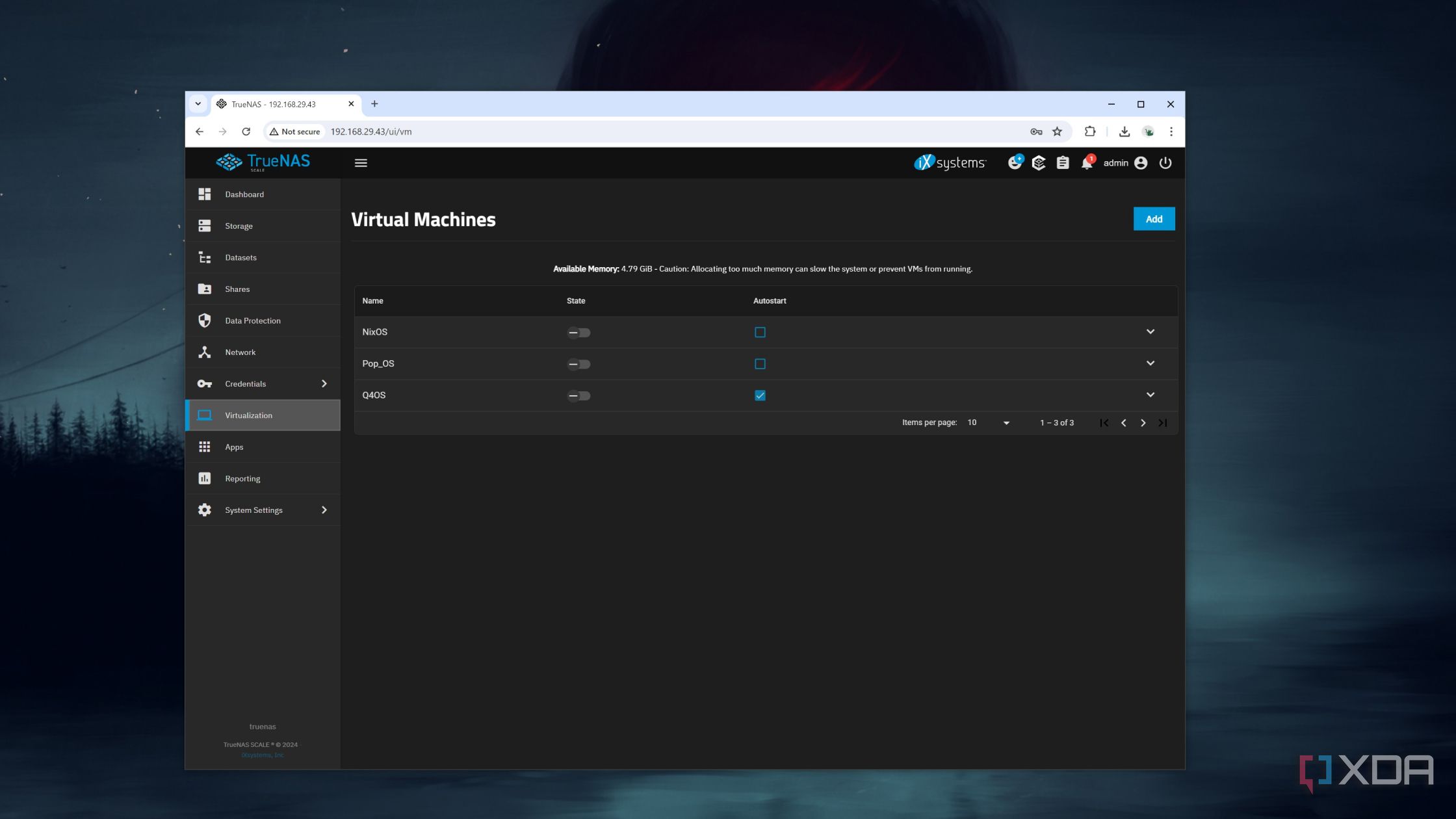 The Virtual Machines page in the TrueNAS Scale web UI
