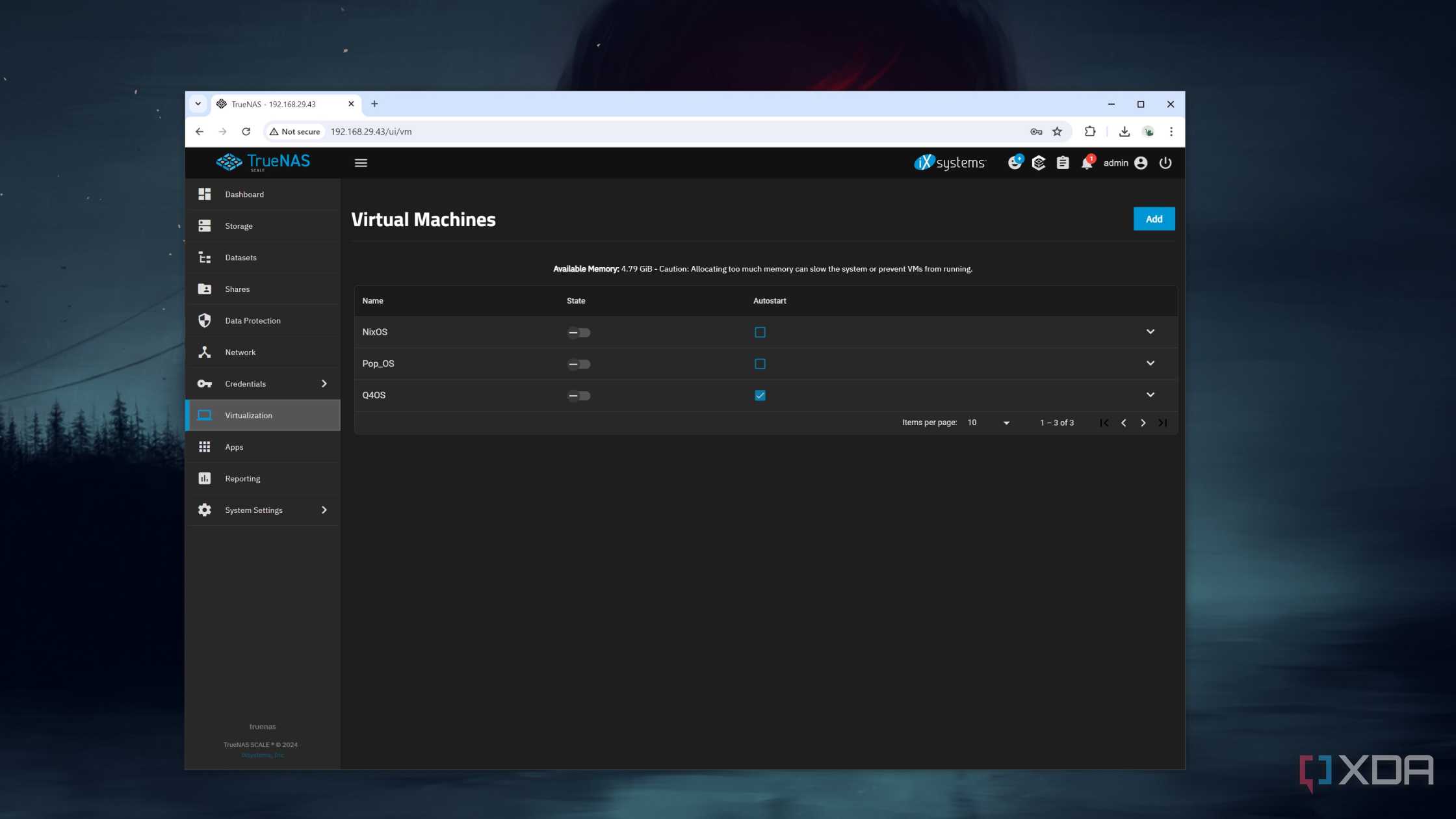 The Virtual Machines page in the TrueNAS Scale web UI