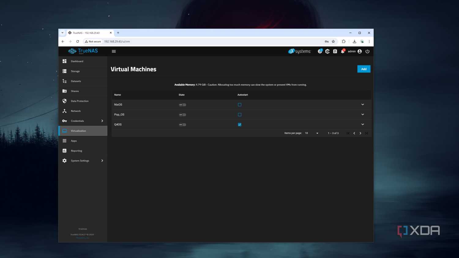 The Virtual Machines page in the TrueNAS Scale web UI