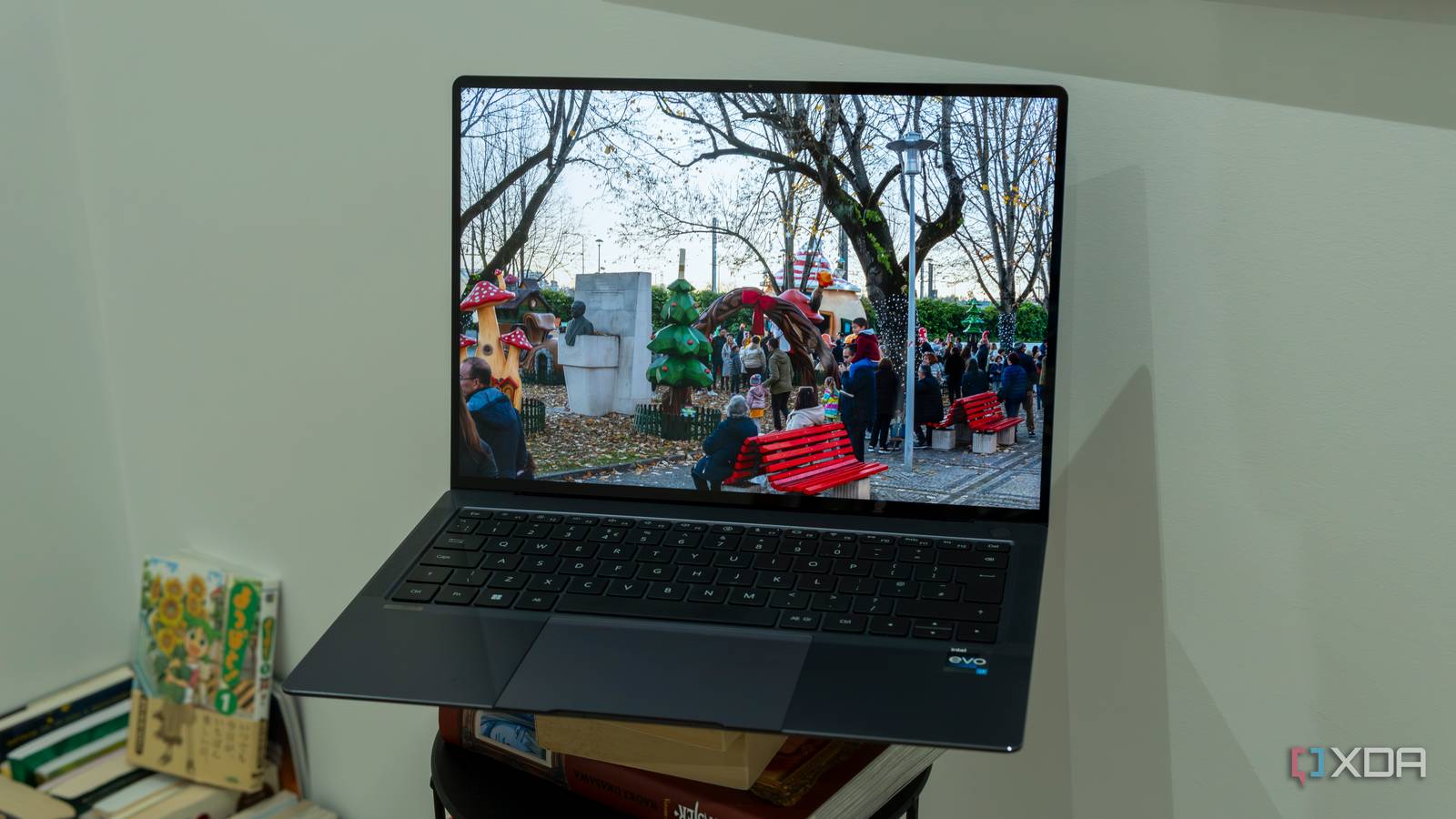 A laptop displaying a photo in full screen