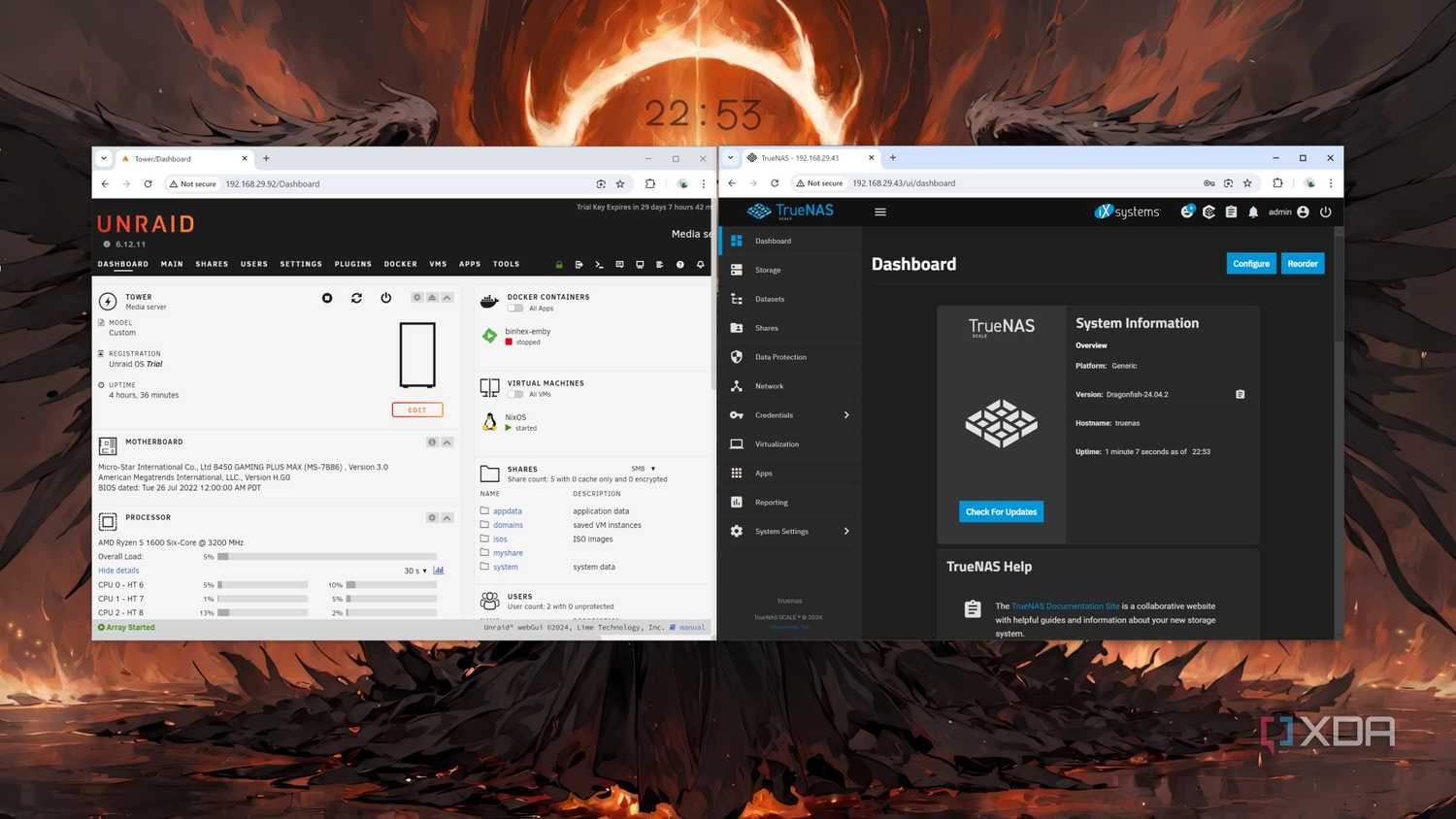 Unraid and TrueNAS Scale web UIs running side-by-side