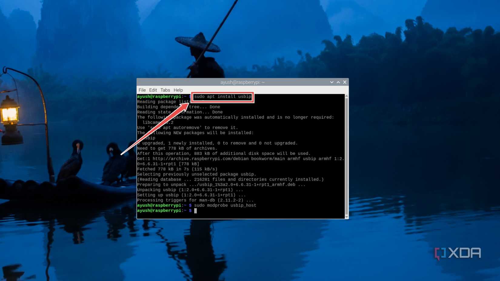 Installing the USB/IP package in the Raspberry Pi OS terminal