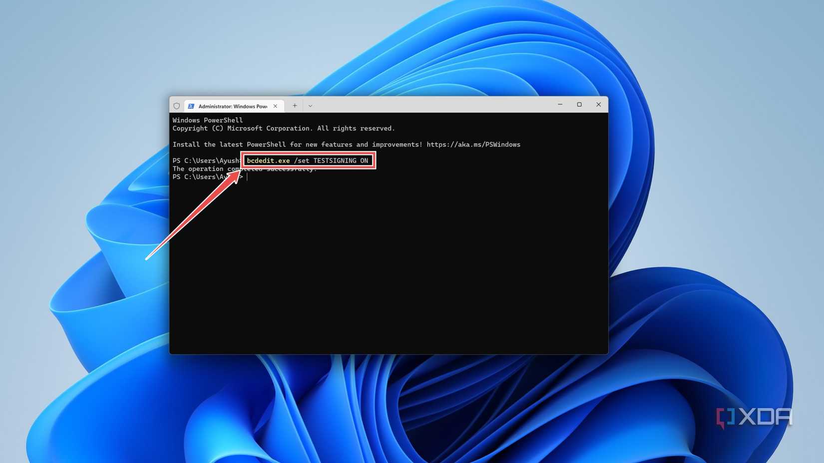 The command to enter the Test Mode in Windows 11