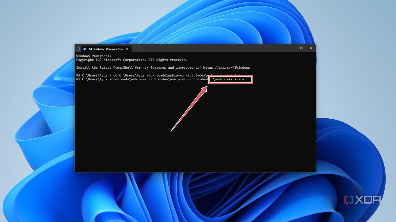 The command to install usbip.exe in Windows 11