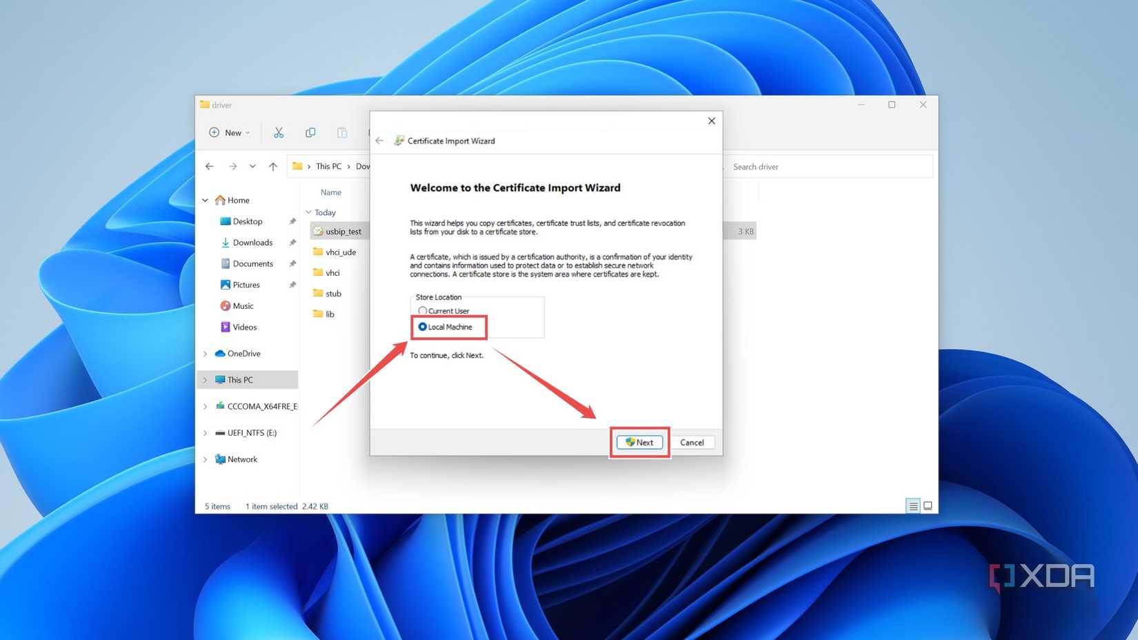 Picking the Local Machine in the Certificate Import Wizard