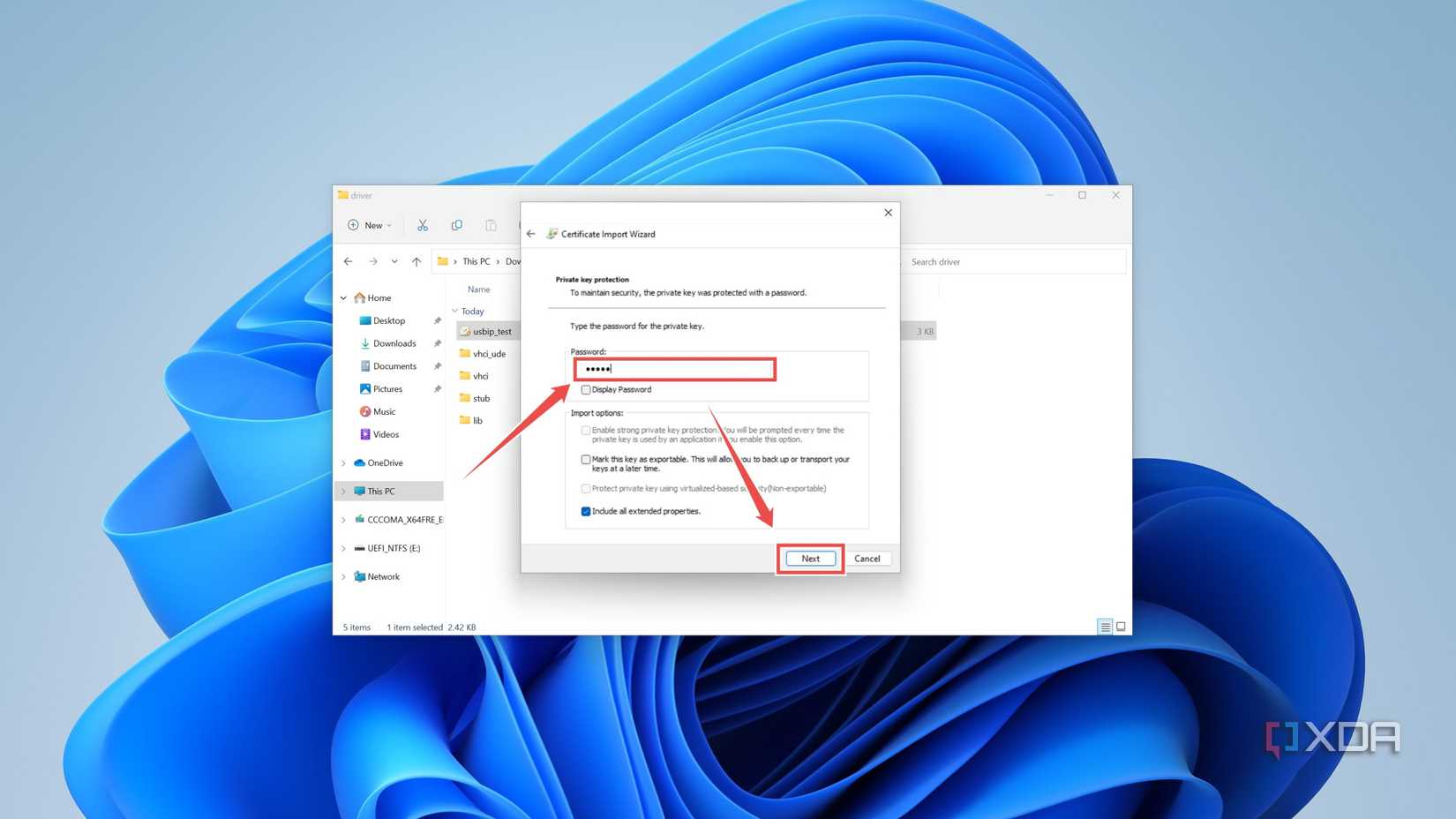 Entering the Password in the Certificate Import Wizard