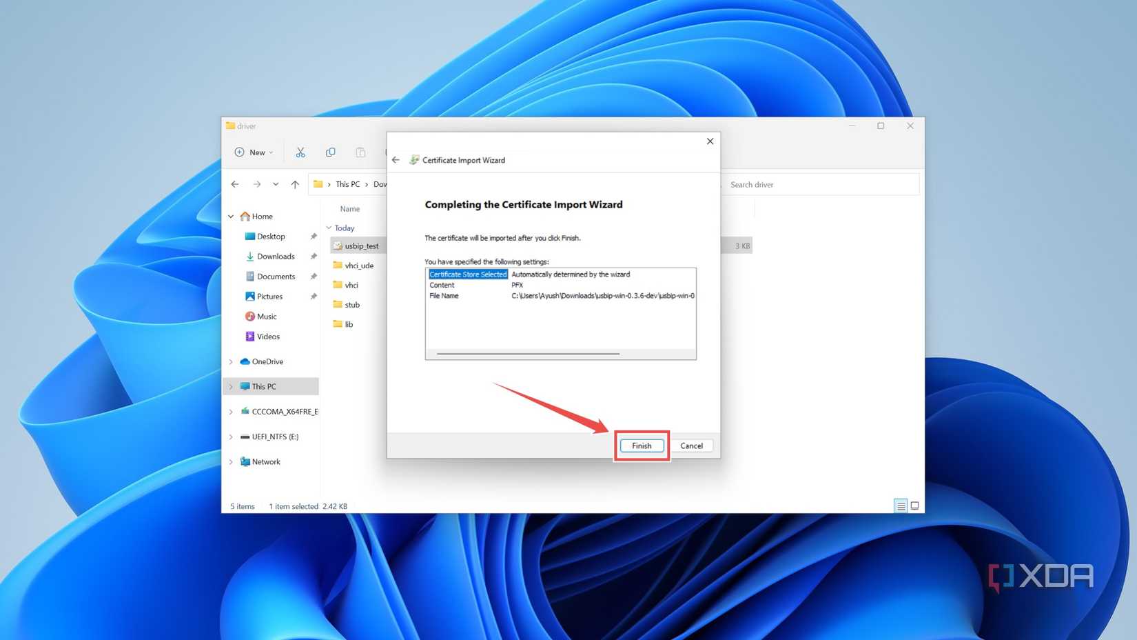 The Finish button highlighted in the Certificate Import Wizard
