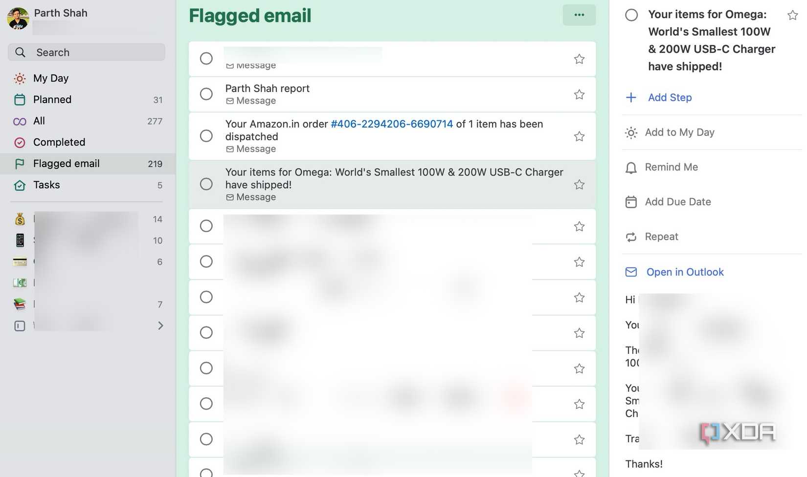 A screenshot showing Flagged emails list