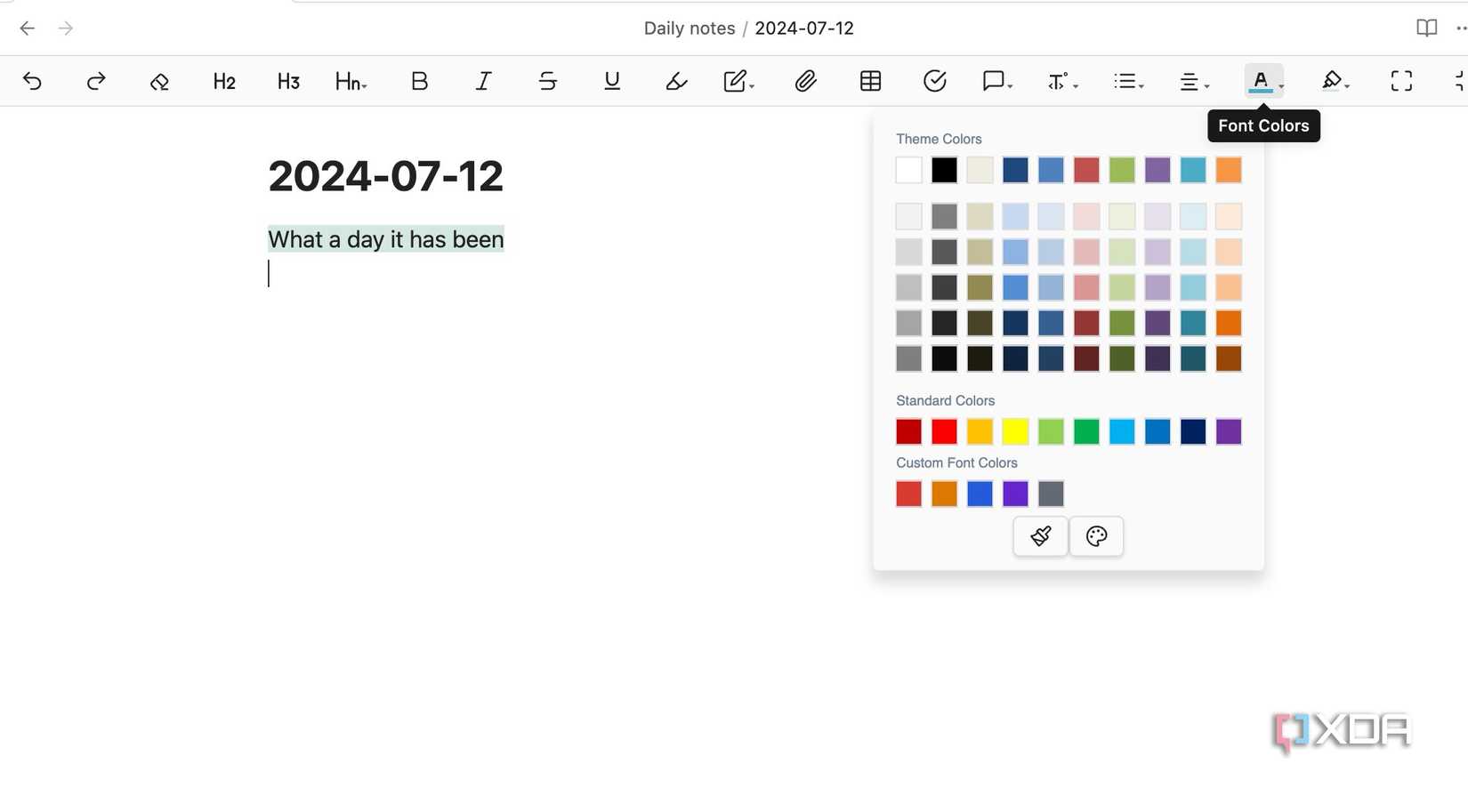toolbar in daily notes Obsidian