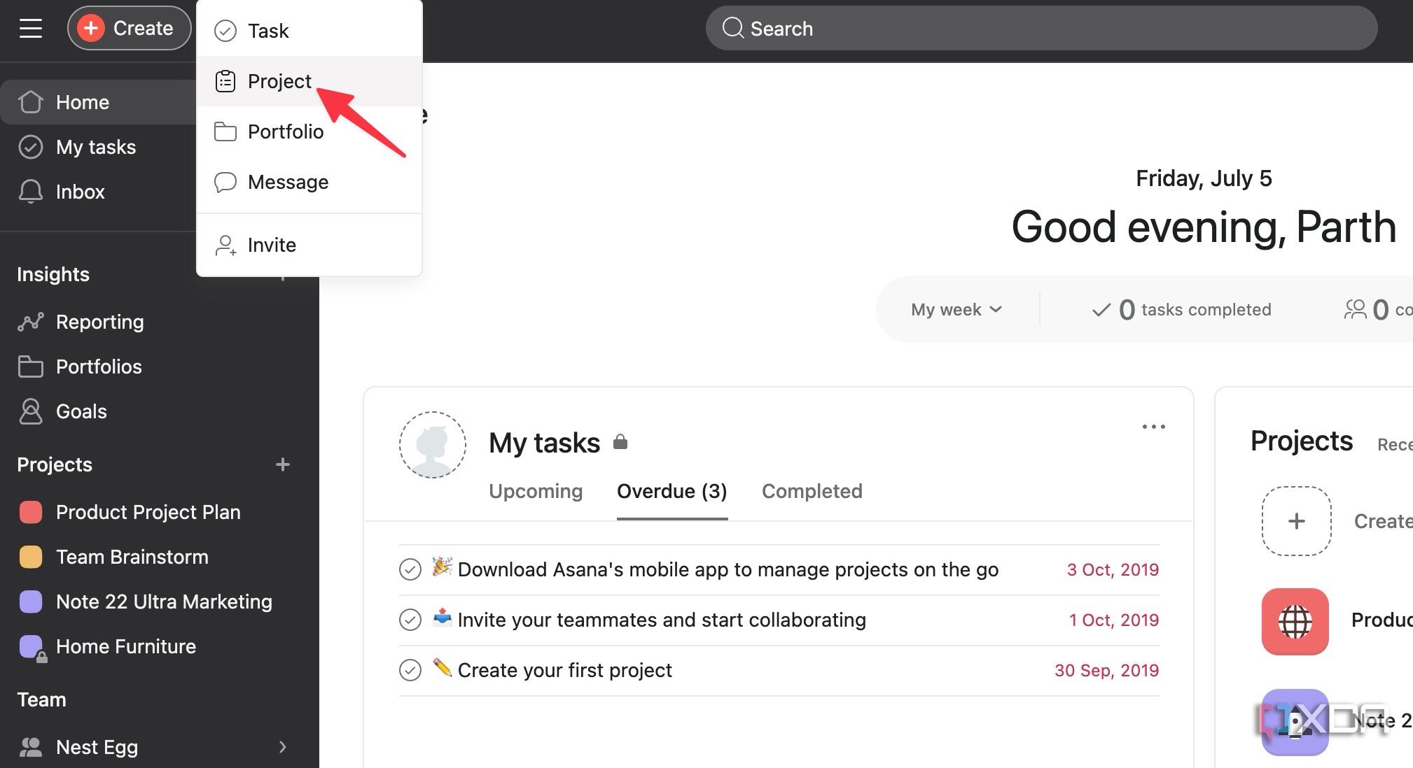 Create a new project in Asana