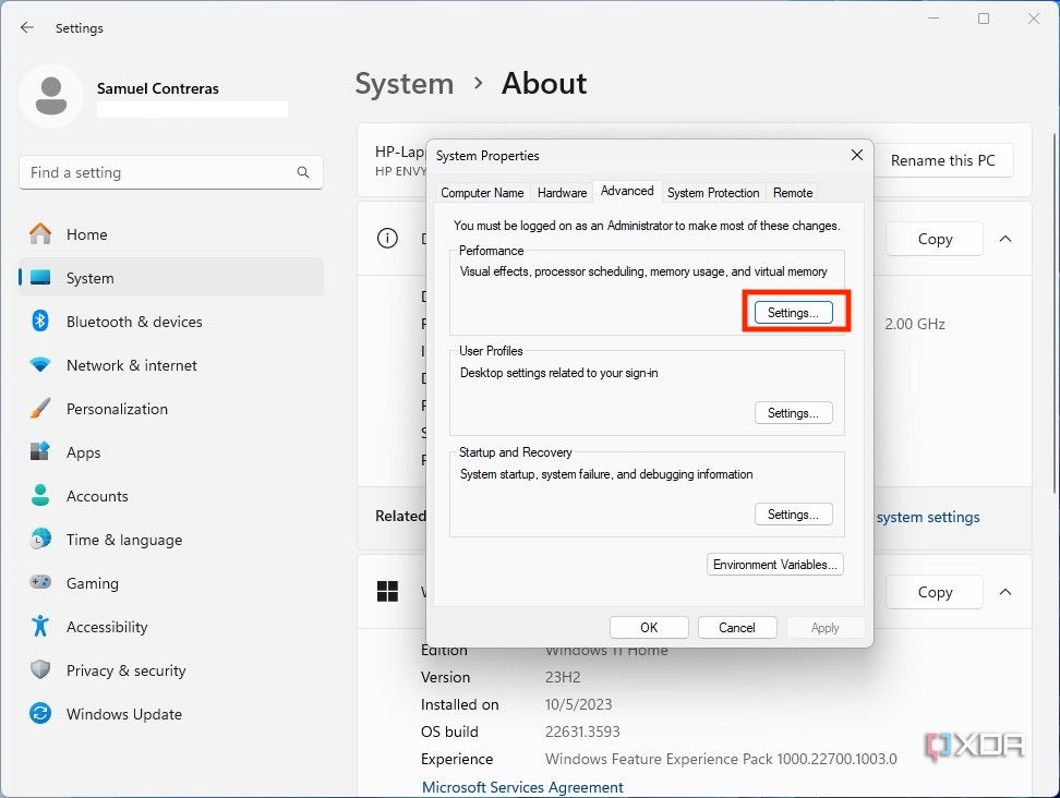 Virtual memory settings in Windows 11