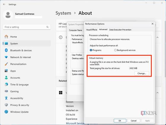 Virtual memory settings in Windows 11