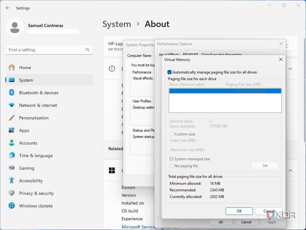 Virtual memory settings in Windows 11